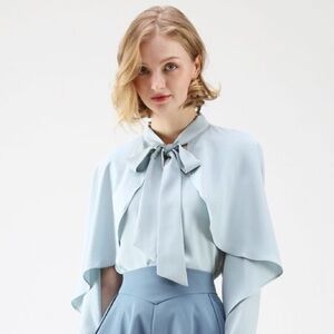 ChicWish Blue Bowknot Blouse with cape sleeves Medium M NEW NWT